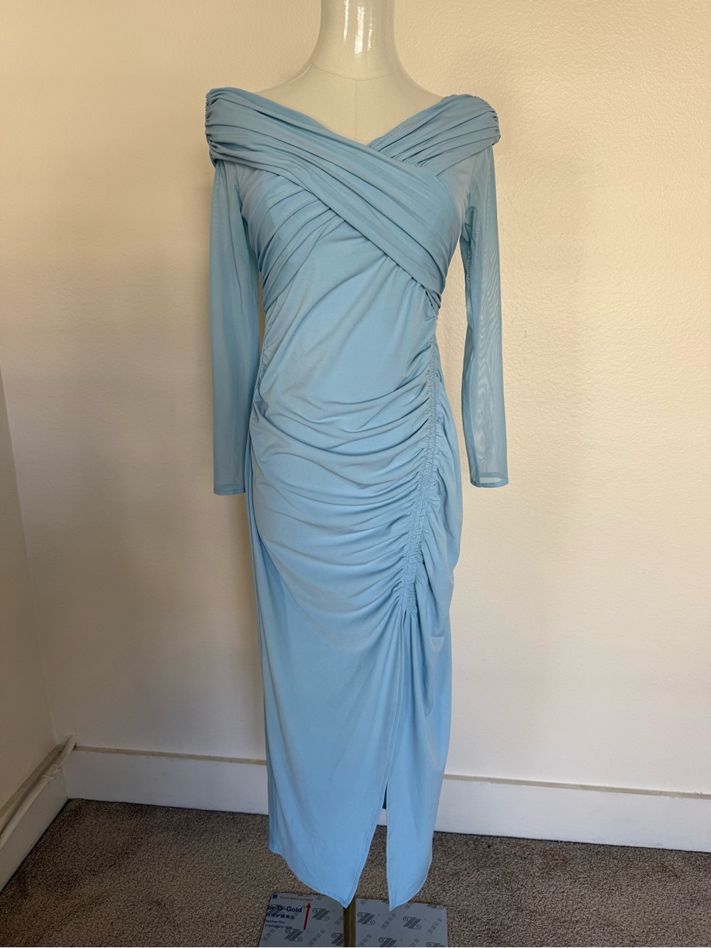 Self-Portrait Blue Off-the-Shoulder Ruched Long Sleeve Maxi Dress